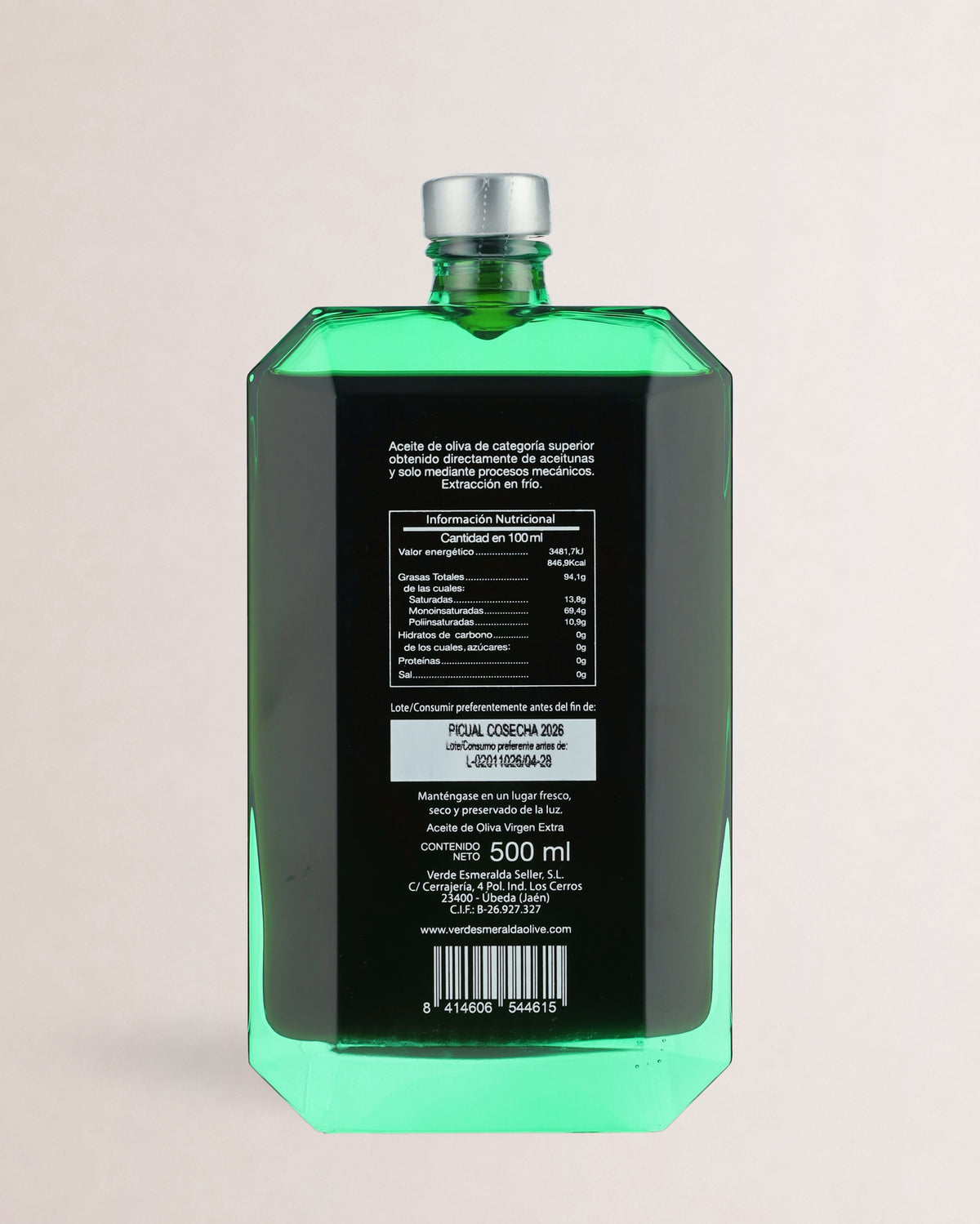 aceite verde esmeralda green emerald etiqueta